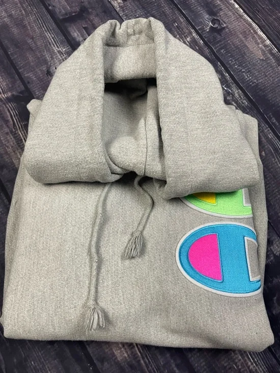 Champion Gray Reverse Weave Neon Multi-Logo Big C Hoodie Size Medium - Picture 8 of 12